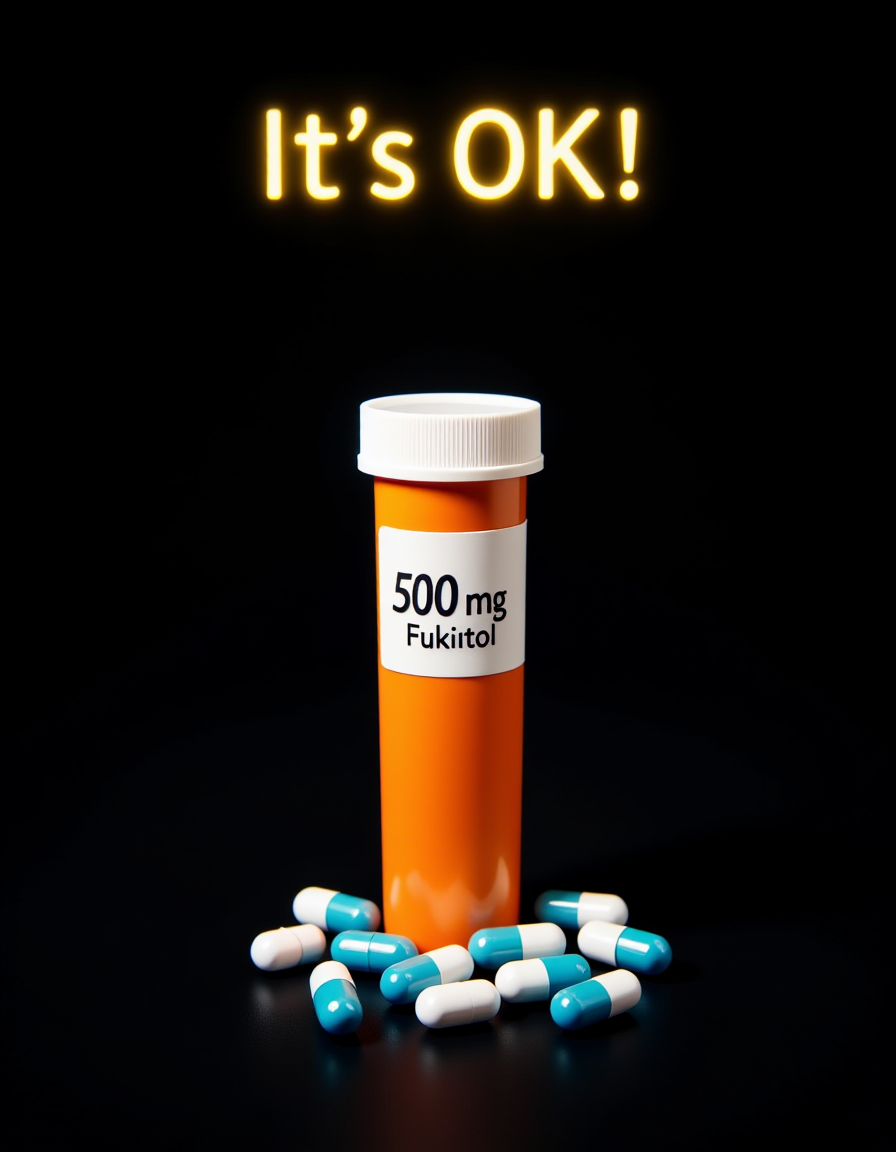 An upright orange tube-shaped pillbox. On the label of the pillbox is written â500 mg Fukitolâ. White lid. Outside are some half blue-half white capsule pills. âIt's OK!â is written in bright letters at the top of the picture. Black background, <lora:Dever_Flux_Enhancer:0.5> <lora:TextimproverV0.4:1> aidmatextimprover <lora:REMES_Abstract_Poster_Style:1>