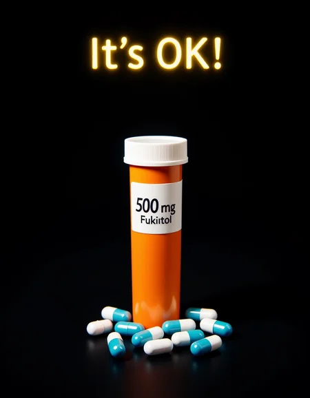 An upright orange tube-shaped pillbox. On the label of the pillbox is written â500 mg Fukitolâ. White lid. Outside are some half blue-half white capsule pills. âIt's OK!â is written in bright letters at the top of the picture. Black background, <lora:Dever_Flux_Enhancer:0.5> <lora:TextimproverV0.4:1> aidmatextimprover <lora:REMES_Abstract_Poster_Style:1>