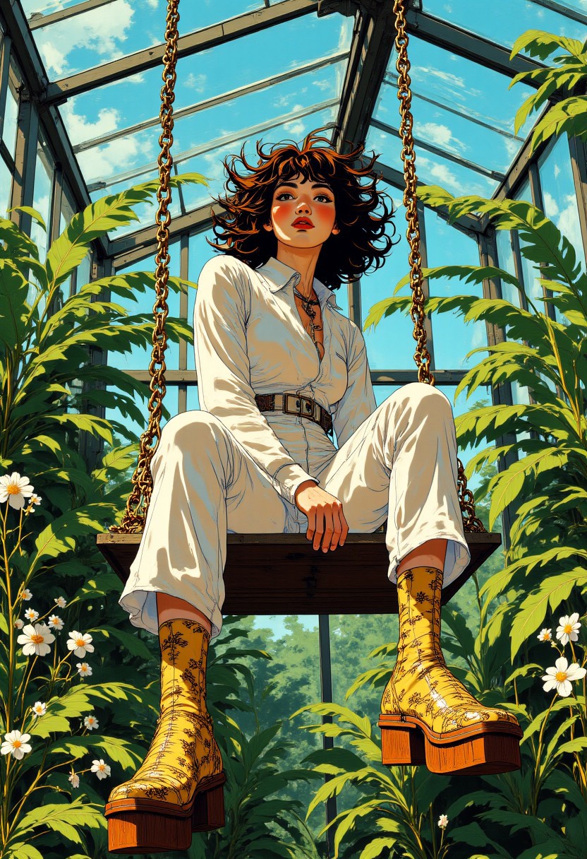 full-body portrait of a woman sitting on a suspended geometric swing in a converted industrial greenhouse filled with exotic plants. She wears a reflective jumpsuit constructed from lightweight material printed with a special photochromic ink that changes from translucent white to vibrant indigo blue when exposed to UV light. The sunlight streaming through greenhouse panels creates a dappled pattern of color activation across the garment, with shaded areas remaining white while sun-exposed sections transform to deep blue. The jumpsuit features strategic cutouts along the sides that are connected by an elaborate macramé of thin gold chains. On her feet, she wears hand-carved wooden platform shoes with living moss growing across the top surfaces, small white flowers blooming from the moss. Her socks are mismatched—one a metallic gold that complements the chain details, the other featuring an intricate hand-embroidered pattern of botanical specimens that mirrors actual plants within the greenhouse. Her hair is styled in an elaborate structure reminiscent of a bird's nest, with thin golden threads woven throughout and tiny air plants incorporated into the design. The composition captures her from below, seated on the swing with legs crossed at the knee, the greenhouse ceiling visible above with dramatic plant tendrils hanging down around her. The lighting creates a complex interplay of shadows and bright spots that continuously transforms her photochromic jumpsuit.