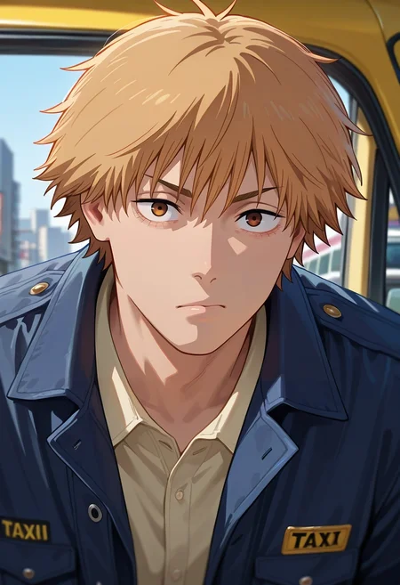 masterpiece, best quality, , , looking at viewer, 1boy, solo, male focus, <lora:denji_chainsaw_man_ilxl:0.96>, denji_chainsaw_man, blonde hair, brown eyes, short hair, bangs, , , taxi driver costume