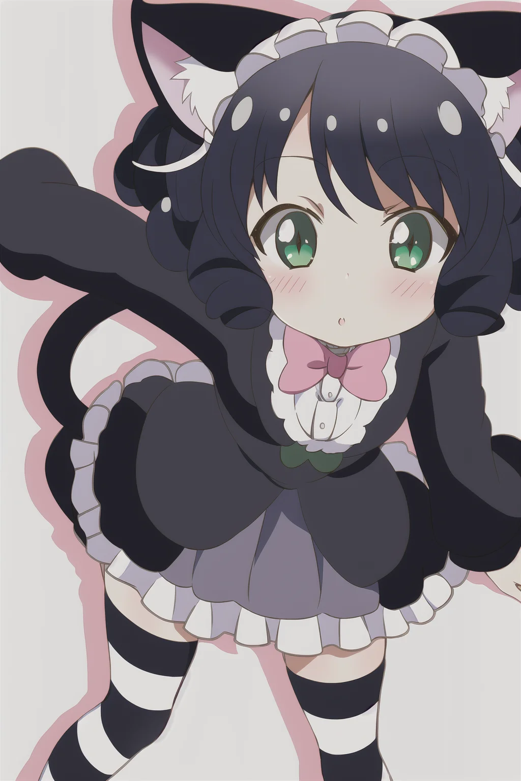 1girl, show_by_rock, cat ears, short black hair, (scene background), striped stockings, cat tail, dress, green eyes, curly hair, curls