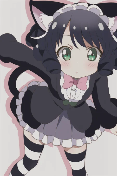 1girl, show_by_rock, cat ears, short black hair, (scene background), striped stockings, cat tail, dress, green eyes, curly hair, curls