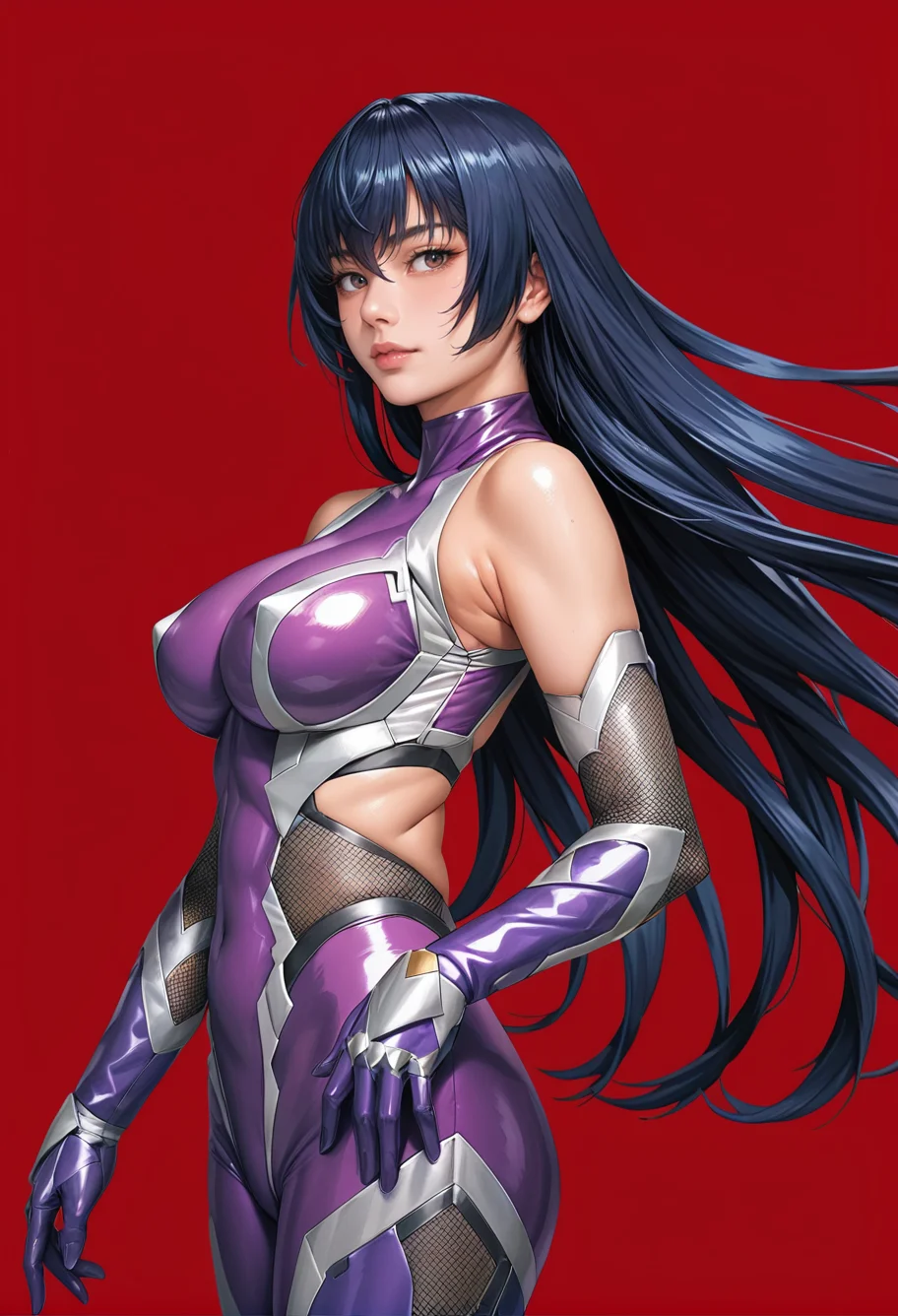 1girl,red background,ruanyi0936,taimanin suit,cowboy shot,bare shoulders,purple bodysuit,elbow gloves,long hair,,<lora:0936 Asagi Igawa (taimanin suit)_v1_pony:1>, score_9,score_8_up,score_7_up,,8k,1girl,solo,,