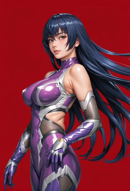 1girl,red background,ruanyi0936,taimanin suit,cowboy shot,bare shoulders,purple bodysuit,elbow gloves,long hair,,<lora:0936 Asagi Igawa (taimanin suit)_v1_pony:1>, score_9,score_8_up,score_7_up,,8k,1girl,solo,,