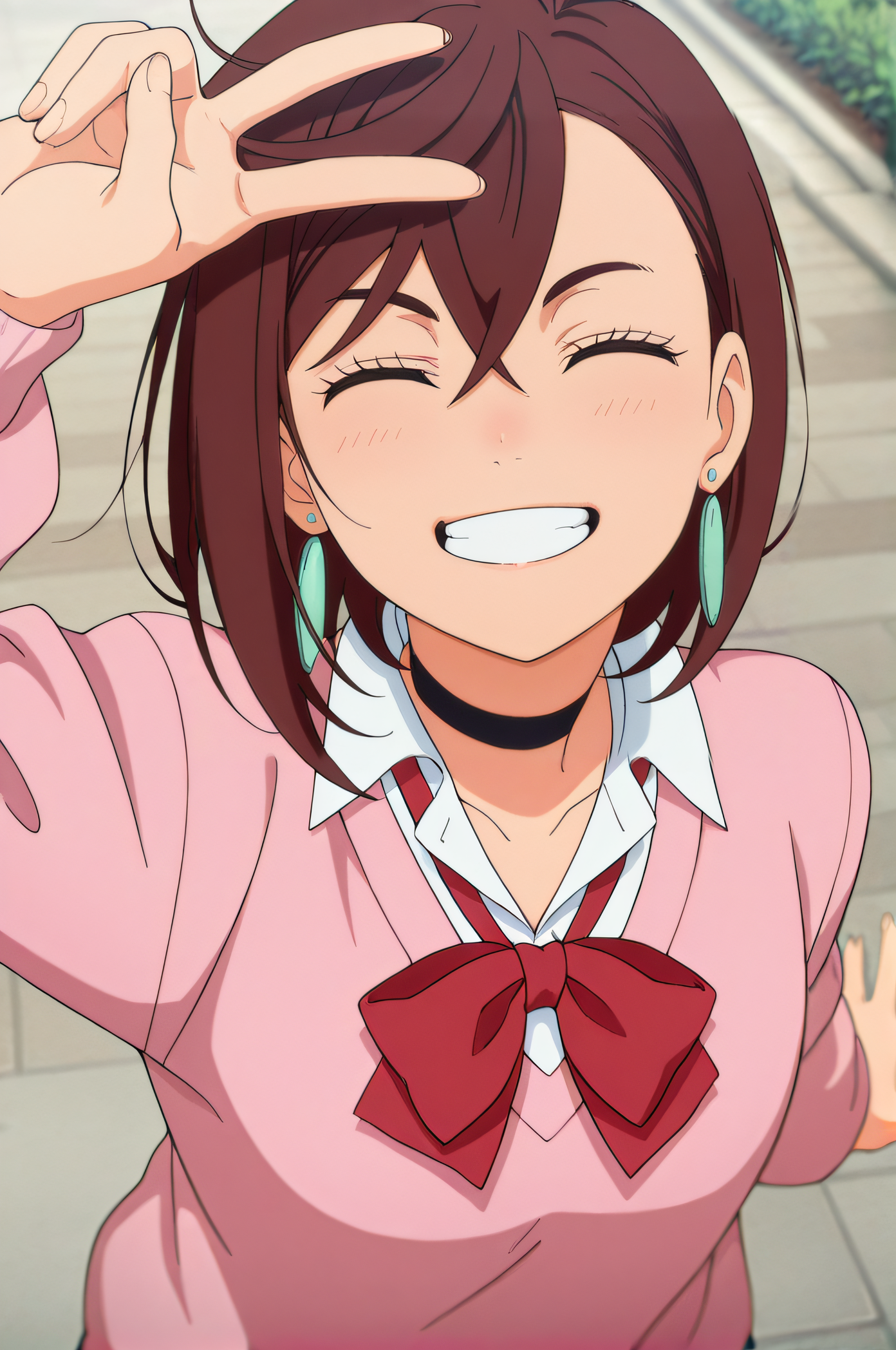 masterpiece, best quality, highres, newest, 1girl, solo, official style, anime screencap, <lora:Ayase_Momo:1>, momo, brown hair, closed eyes, earrings, jewelry, choker, school uniform, red ribbon, pink sweater, looking at viewer, outdoor, upper body, grin, teeth, five fingers, peace sign, from above