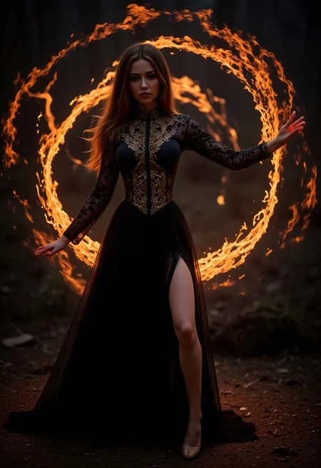spellc001, aidmaHyperrealism, hourglass body shape, a sorceress in a long black silk semi-transparent dress with gold embroidery, exposing her leg and thigh, stands half sideways and casts flames from her hand, night moonlight, contrast colors