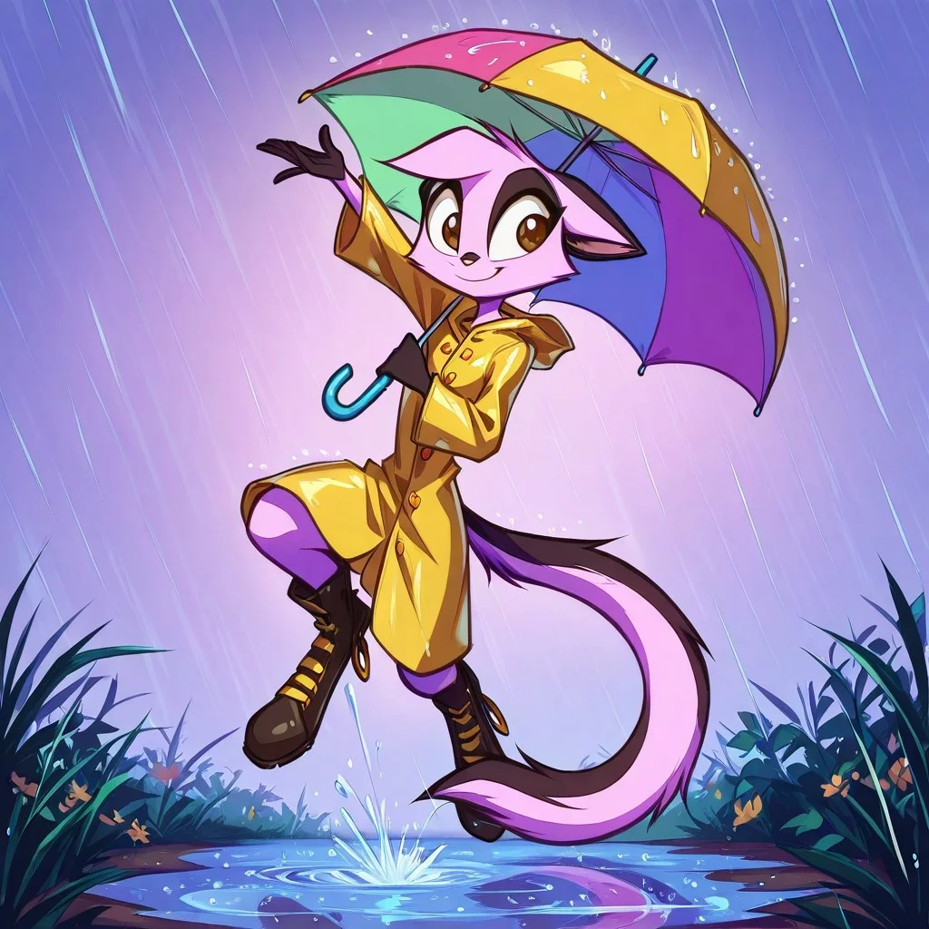 Dreamkeepers,1girl,Prelude_Vi,solo,furry,tail,source_furry,hazel eyes,
in a raincoat and boots jumping in puddles, holding a colorful umbrella, raincoat, boots, umbrella, jumping, puddles, rain, smile, happy, cute, big eyes, playful, outdoor, nature, cheerful, pastel colors, simple background.