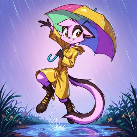 Dreamkeepers,1girl,Prelude_Vi,solo,furry,tail,source_furry,hazel eyes,
in a raincoat and boots jumping in puddles, holding a colorful umbrella, raincoat, boots, umbrella, jumping, puddles, rain, smile, happy, cute, big eyes, playful, outdoor, nature, cheerful, pastel colors, simple background.