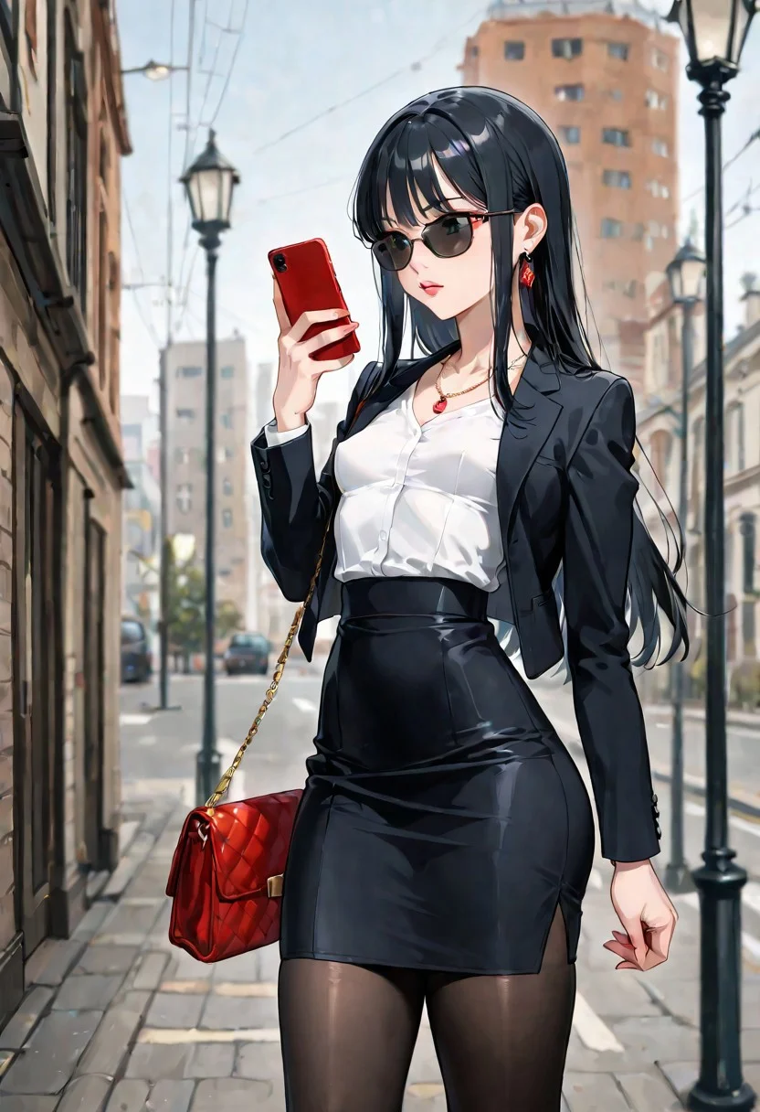 (detailed background:1.1), dynamic pose, (bloom, depth of field, vignetting:1.2), street, 1girl waiting to cross the street, lamppost,
BREAK
(1girl, solo), black hair, long hair, bangs, long sidelocks, sunglasses, thick lips, standing, holding phone, looking at phone, smartphone, handbag,
BREAK
office lady, suit, white shirt, suit jacket, black jacket, tight skirth, black pantyhose, necklace, earrings,
BREAK
small breasts, pointy breasts, (skinny, narrow waist:1.2), (thick thighs:1.2), (hip dips:1.1),
<lora:SOS_Style_-_Illustrious:1>