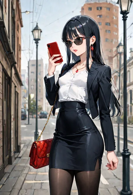 (detailed background:1.1), dynamic pose, (bloom, depth of field, vignetting:1.2), street, 1girl waiting to cross the street, lamppost,
BREAK
(1girl, solo), black hair, long hair, bangs, long sidelocks, sunglasses, thick lips, standing, holding phone, looking at phone, smartphone, handbag,
BREAK
office lady, suit, white shirt, suit jacket, black jacket, tight skirth, black pantyhose, necklace, earrings,
BREAK
small breasts, pointy breasts, (skinny, narrow waist:1.2), (thick thighs:1.2), (hip dips:1.1),
<lora:SOS_Style_-_Illustrious:1>