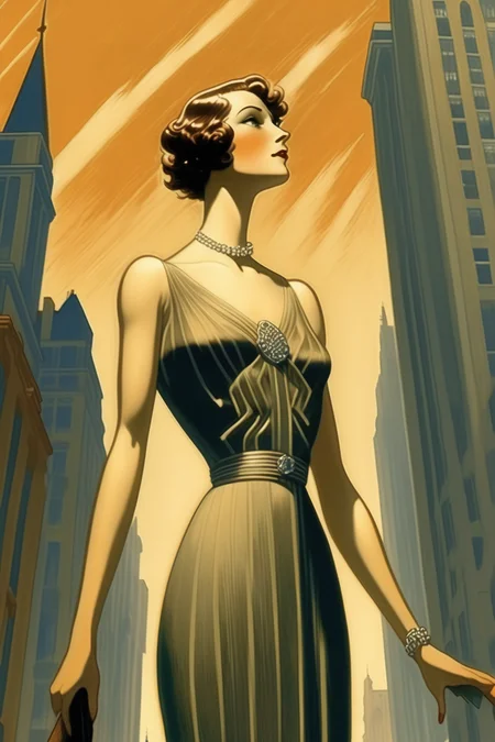 <lora:Luc Schuiten Style:1>Luc Schuiten Style - illustration, 1921 Art Deco Woman in elegant dress, standing in a city street an looking up to the buildings, view from diagonally belowe, illustration style of Jim Burns