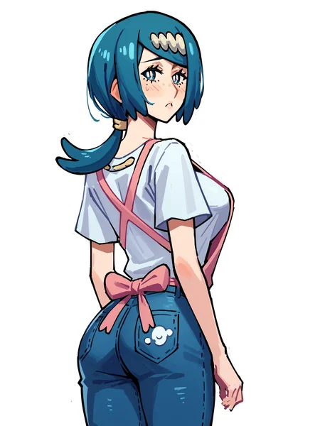 score_9, score_8_up, score_7_up, score_6_up, score_5_up, score_4_up,
BREAK
1girl, lana's mother \(pokemon\), blue hair, bob cut, ponytail, hair ornament, blue eyes, blush, pout,
BREAK
solo, standing, white shirt, jeans, large breasts, pink apron, looking back, flat ass,
BREAK
white background, simple background, angled shot, dynamic pose, dynamic angle, <lora:Lunas-KaatokunArt-SDXL-A1:1>