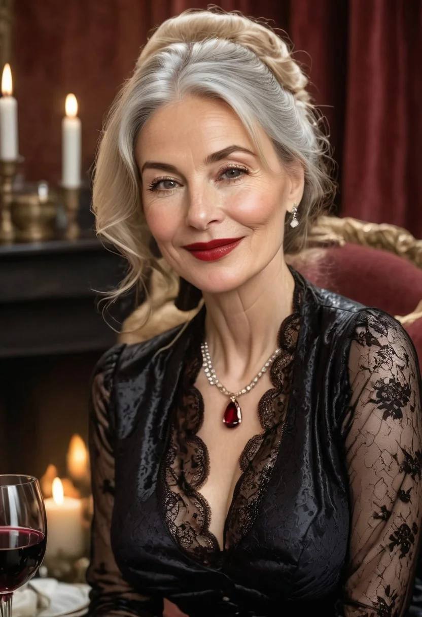 cinematic film still, ((professional photography)), ((masterpiece)), (((photorealism))), perfect focus, intimate portrait of beautiful, mature, medium long-haired, smiling, 65-year-old mature wealthy white woman dressed as a luxurious Madame sitting in front of a roaring fire in an 20th century brothel, sipping red wine, sparkling, gleeful eyes, (intense candlelight:1.5), (revealing scarlet brocade bra and sheer black lace negligee:1.2), (very well endowed:1.3), massive breasts, (grandmother:1.5), sapphire and ruby necklace, diamond rings, beautiful smile, (demure, looking away from camera), slim face, thoughtful expression, (very long, auburn, teased, messy hair:1.2), (perfect, full lips:1.3), (perfect teeth), natural skin, (fine lines, fine wrinkles, skin imperfections), professional makeup, (intense, wet, glossy lipstick:1.3), professional photography, Nikon 55mm lens, bokeh, diffused light