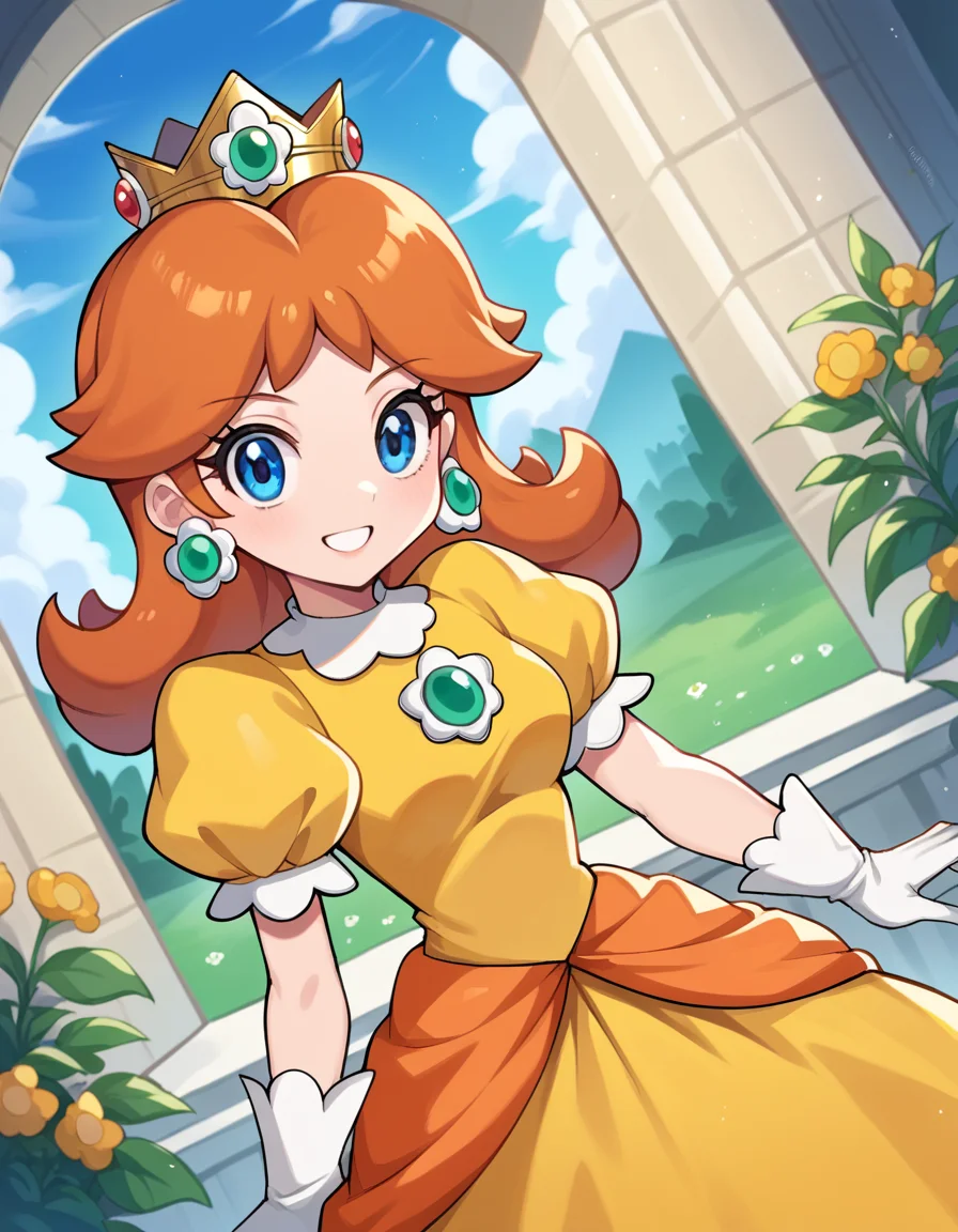 score_9, score_8_up, score_7_up, source_anime,
princessdaisy, <lora:princess-daisy-ponyxl-lora-nochekaiser:1>,
princess daisy, blue eyes, long hair, orange hair,
crown, daisy, dress, flower, gem, gloves, orange dress, puffy short sleeves, puffy sleeves, short sleeves, white gloves,
indoors, castle, smile,
looking at viewer, cowboy shot, dutch angle,
