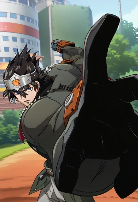 score_9, score_8_up, 1boy, yukiteru_amano's head, ggstpot's body, source_anime, anime screencap, anime coloring, 2d, zPDXL2, black hair, blue eyes, short hair, hair between eyes, huge male, ultra-muscular male, no helmet, green jacket, pants, boots, gauntlets, belt, spikes, outdoors, IncrsPunchMeme, incoming punch, impact lines, dynamic, shouting, confident, powerful