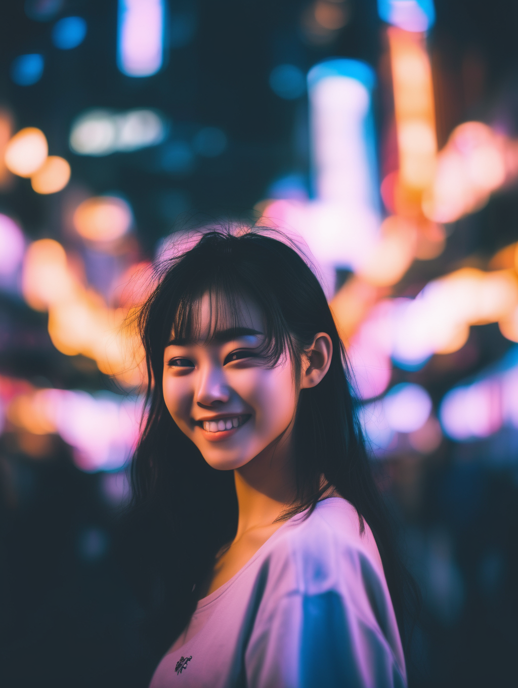 <lora:Brandon Woelfel Style:1>Brandon Woelfel Style - Japanese woman 16 years old black hair, big smile, hot summer, sweat, beautiful,kawaii, Photo taken with Canon EOS R5, POV, photograph, portrait, stylish girl, Tokyo high school student. mixed feelings of joy and trust, in castle of crystal night city. shining neon fog, cinematographic, absolute realistic, 4k, spot light