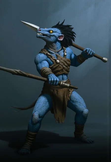 b3rs3rk macro lens d4concept pov, 3D01S, simple background d4artstyle atmospheric and powerful MikeFranchinastyle dark fantasy, natural organic and first person pov of a berserk style creature in the Tsutomu Nihei style
Anthropomorphic reptilian warrior, fusion of dragon, rat, and kobold traits. Muscular bipedal body with blue-gray scaled skin, transitioning to lighter underbelly. Elongated snout with sharp teeth and small protruding fangs. Large, expressive yellow eyes with vertical pupils. Distinctive head features: frilled ears like a kobold, spiky black mohawk running down neck. Armed with primitive weapons: wielding a long spear with metallic tip, dagger at hip. Dressed in leather armor: brown chest piece, tattered loincloth, arm guards, and leg wraps. Adorned with tribal jewelry: bone necklace, metal arm bands. Clawed hands and feet with opposable thumbs. Long, thick tail for balance. Skin texture highly detailed: mix of smooth scales and rough, battle-scarred patches. Pose: alert fighting stance, spear at the ready. Background: misty swamp or dim forest setting. Lighting: moody, emphasizing form and texture. Style: hyper-realistic 3D render with painterly touches. Atmosphere: primal, dangerous creature in its natural habitat.
UHD letterboxed game trailer frame chromatic aberration dark atmosphere sharp masterpiece with a focus on the character, elden ring, dark atmosphere