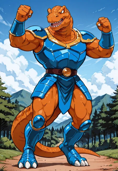 score_9, score_8 up, score_7, 8K, In'ei, traditional animation cel, perfect depth of field shot, beautiful, sharp focus, crisp details, 90s animation, masterclass animation, photographic realism, source_anime, orange tyrannosaurus rex-anthro wearing blue roman armor, roman centurion armor, gladiator armor, blue chest armor, blue stomach armor
orange tyrannosaus-rex anthro, dinosaucers, extreme dinosaurs, muscular, dinosaur, trex, blue lorica musculata, blue Pteruges, blue roman armor skirt, blue greaves, blue bracers, gold trim on armor, perfect proportions, long tail, orange skin, orange scales, 
exterior, detailed anime sky with clouds, dynamic action, bent leg, nature, in the style of the cartoon Dinosaucers, 80s cartoon, punch, black linework with flat anime color, heroic pose, smiling, three toes per foot