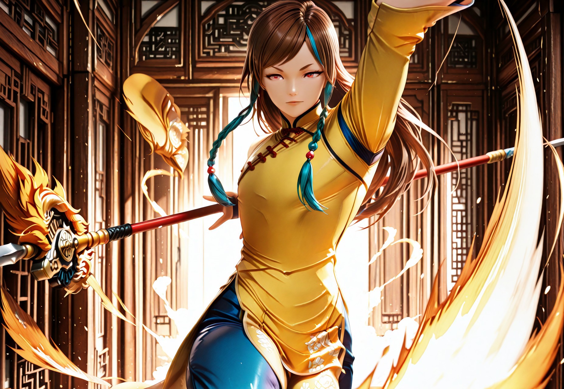 masterpiece, best quality, amazing quality, very aesthetic, absurdres, perfect composition, intricate details, vibrant colors, Kof Style, 3d, male focus, shionxi, 1boy,  androgynous, red eyes, long hair, brown hair, two tone hair, blue hair, twin braids, yellow tunic, blue pants, black flats, chinese clothes, holding weapon, holding, spear, polearm, foreshortening, straight-on, dynamic action, ki aura, cowboy shot,
