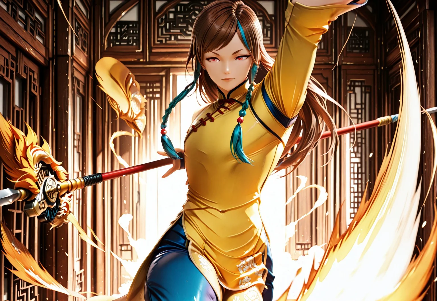 masterpiece, best quality, amazing quality, very aesthetic, absurdres, perfect composition, intricate details, vibrant colors, Kof Style, 3d, male focus, shionxi, 1boy, androgynous, red eyes, long hair, brown hair, two tone hair, blue hair, twin braids, yellow tunic, blue pants, black flats, chinese clothes, holding weapon, holding, spear, polearm, foreshortening, straight-on, dynamic action, ki aura, cowboy shot,