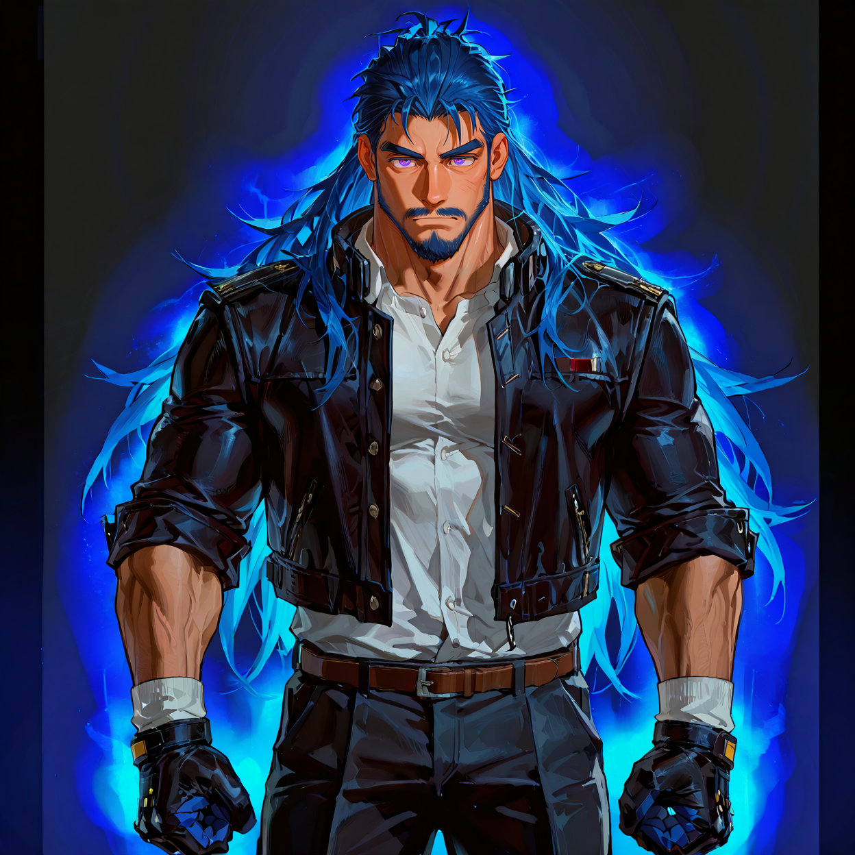 <lora:Kevin__Alchemist_Code:.7>, tagatamekevin, kevin_blue hair, kevin_purple eyes, 1boy, long hair, solo, male focus, manly, bara, mature male, muscle body, jacket, shirt, pants, bandages, gloves, sleeves rolled up, socks, shoes,
cowboy shot, 
male focus, muscular male, muscular male, bara, mature, facial hair, beard, full beard, sideburn, mustache, stubble,), facial hair, bara, mature, body hair, aixiwuganda_(20222192), very awa, masterpiece, best quality, absurdres, newest, perfect quality, detailed background, intricate details,, <lora:slider_Body Type_alpha1.0_rank4_noxattn_last:2><lora:Anime Summer Days 2 Style SDXL_LoRA_Pony Diffusion V6 XL:.6><lora:merged:.7>, DARK, DARK BACKGROUND, LOW-KEY LIGHTING <lora:slider_cfg_scale_boost:.7><lora:Artist6p:.55>, Artist6p, Artist04p,<lora:slider_il_brightness_slider_d1:-1><lora:slider_il_contrast_slider_d1:-.45>,<lora:slider_contract_controller_illus01_v1:.5>, <lora:addon_illustriousXLv01_stabilizer_v1.121:.5>
