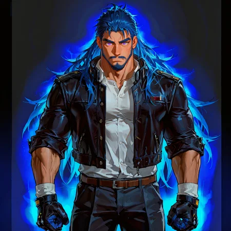 <lora:Kevin__Alchemist_Code:.7>, tagatamekevin, kevin_blue hair, kevin_purple eyes, 1boy, long hair, solo, male focus, manly, bara, mature male, muscle body, jacket, shirt, pants, bandages, gloves, sleeves rolled up, socks, shoes,
cowboy shot, 
male focus, muscular male, muscular male, bara, mature, facial hair, beard, full beard, sideburn, mustache, stubble,), facial hair, bara, mature, body hair, aixiwuganda_(20222192), very awa, masterpiece, best quality, absurdres, newest, perfect quality, detailed background, intricate details,, <lora:slider_Body Type_alpha1.0_rank4_noxattn_last:2><lora:Anime Summer Days 2 Style SDXL_LoRA_Pony Diffusion V6 XL:.6><lora:merged:.7>, DARK, DARK BACKGROUND, LOW-KEY LIGHTING <lora:slider_cfg_scale_boost:.7><lora:Artist6p:.55>, Artist6p, Artist04p,<lora:slider_il_brightness_slider_d1:-1><lora:slider_il_contrast_slider_d1:-.45>,<lora:slider_contract_controller_illus01_v1:.5>, <lora:addon_illustriousXLv01_stabilizer_v1.121:.5>