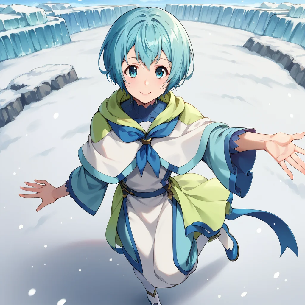 score_9, score_8_up, score_7_up, best quality, masterpiece, source_anime, zPDXL3, BREAK, from above, Standing with one foot slightly lifted, smile, happy, iceberg, snowing,, <lora:Lelei_la_Lalena:1>lelei la lalena, 1girl, blue hair, short hair, blue eyes