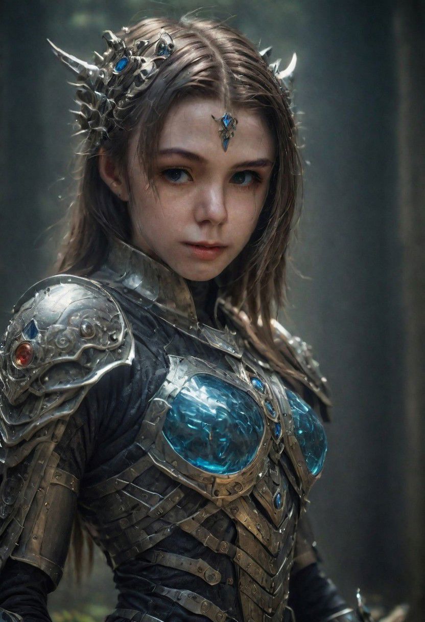 dslr photo of a girl in a fusion of medieval and cyberpunk elements, with a mix of technology and nature, (highres, highly detailed:1.2), cinematic lighting, vibrant colors,  Curi, Gelatine armor