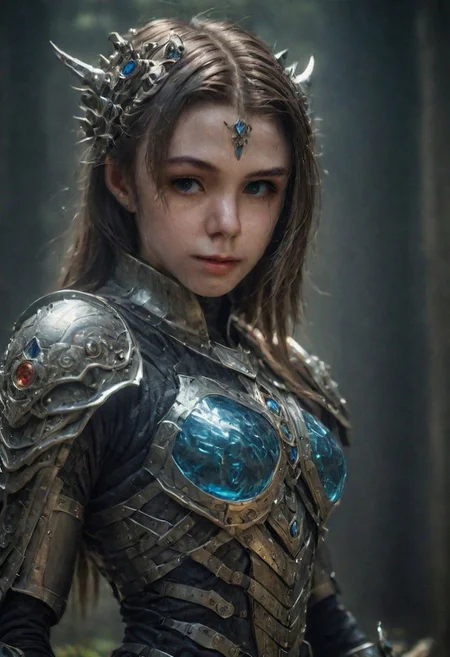 dslr photo of a girl in a fusion of medieval and cyberpunk elements, with a mix of technology and nature, (highres, highly detailed:1.2), cinematic lighting, vibrant colors, Curi, Gelatine armor