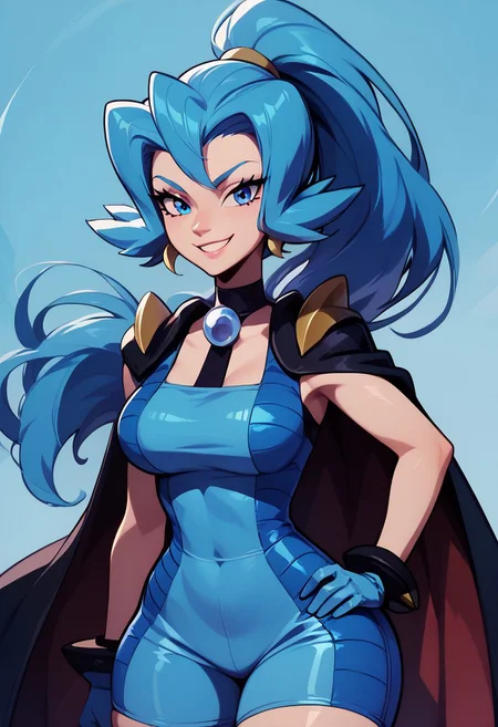 score_9, score_8_up, score_8, big breasts, (curvy), cute, eyelashes,
BREAK,
zzClair, solo, 1girl, long hair, blue hair, blue eyes, ponytail, blue bodysuit, black cape, blue gloves,
cowboy shot, smile, smug, hand on hip, wide hips,
BREAK,
zPDXL, Expressiveh p4st3lg0r3
