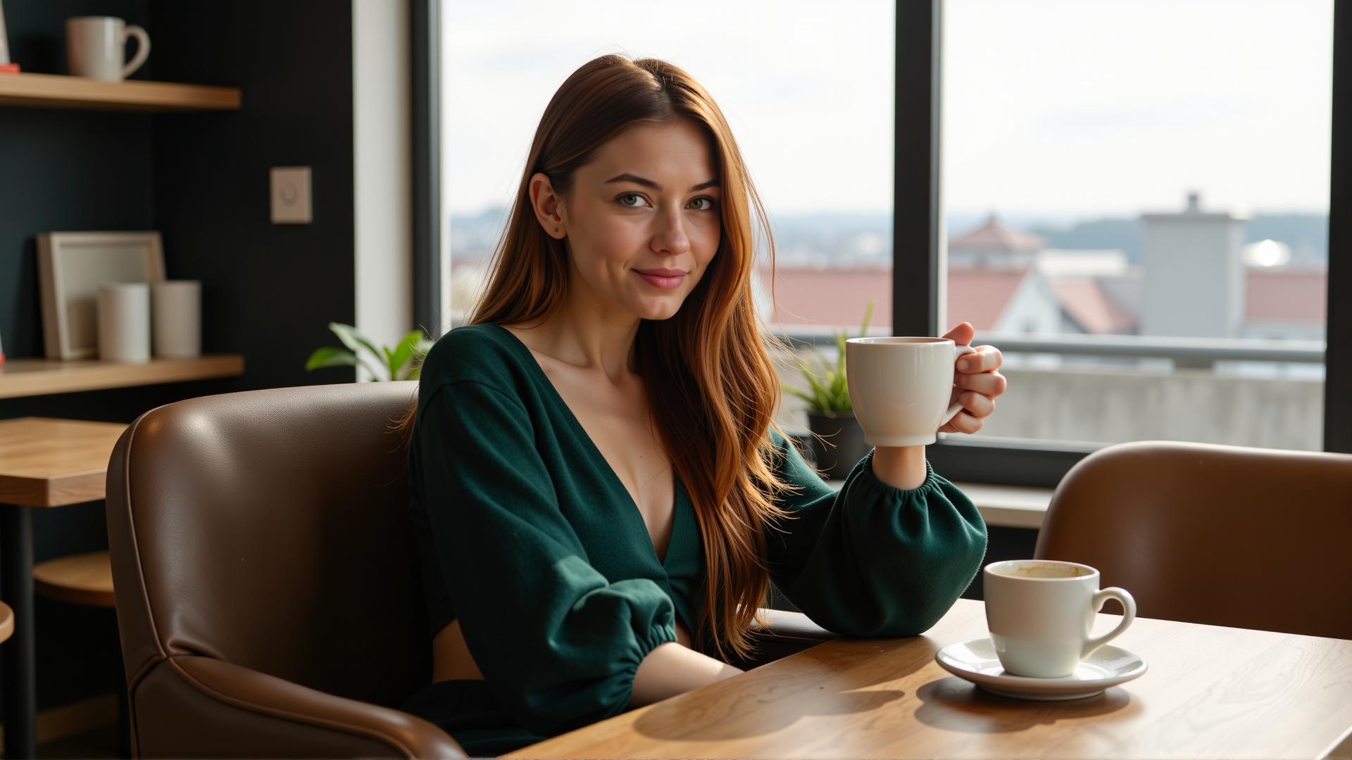 sci-fi style a slim elegant woman sitting in a cafe holding a large mug of coffee in her hands
she has a heavy lower lip and hollow cheeks, she appears to be 30 years old
her eyes are an intense green colour and her long flowing hair is a (brilliant auburn colour:1.2)
she's looking at the viewer across a low table, on the table is a saucer for the mug, she's sitting in a large comfy chair with her feet tucked up beside her
she's  a dark green (cropped:1.3) woolen jumper with a low neckline and  long baggy sleeves, the top is tied in a knot at the front
she looks very relaxed and happy, her eyes glitter, . futuristic, technological, alien worlds, space themes, advanced civilizations, score_9, score_8_up, score_7_up, hyperdetailed, hyperrealistic,  best quality, (masterpiece:1.3),high-definition, intricate details, volumetric lighting, symmetrical face, level eyes,