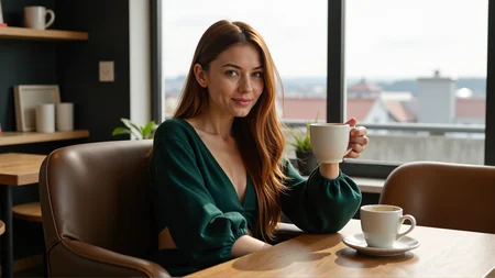 sci-fi style a slim elegant woman sitting in a cafe holding a large mug of coffee in her hands
she has a heavy lower lip and hollow cheeks, she appears to be 30 years old
her eyes are an intense green colour and her long flowing hair is a (brilliant auburn colour:1.2)
she's looking at the viewer across a low table, on the table is a saucer for the mug, she's sitting in a large comfy chair with her feet tucked up beside her
she's a dark green (cropped:1.3) woolen jumper with a low neckline and long baggy sleeves, the top is tied in a knot at the front
she looks very relaxed and happy, her eyes glitter, . futuristic, technological, alien worlds, space themes, advanced civilizations, score_9, score_8_up, score_7_up, hyperdetailed, hyperrealistic, best quality, (masterpiece:1.3),high-definition, intricate details, volumetric lighting, symmetrical face, level eyes,