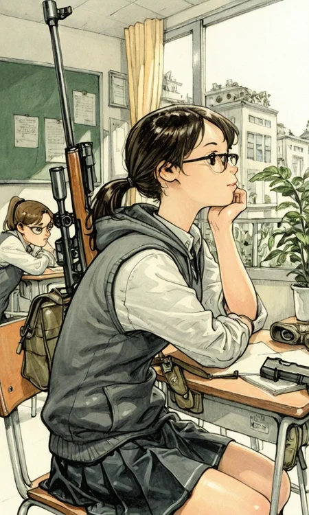 kimjunggistyle, dynamic perspective, detailed ink drawing, 1girl, black hair, sitting, school uniform, ponytail, weapon, glasses, bag, gun, window, chair, traditional media, plant, rifle, desk, sweater vest, potted plant, classroom, school desk, sniper rifle, scope, bolt action, skirt, brown hair, indoors, hood, masterpiece, best quality, amazing quality
