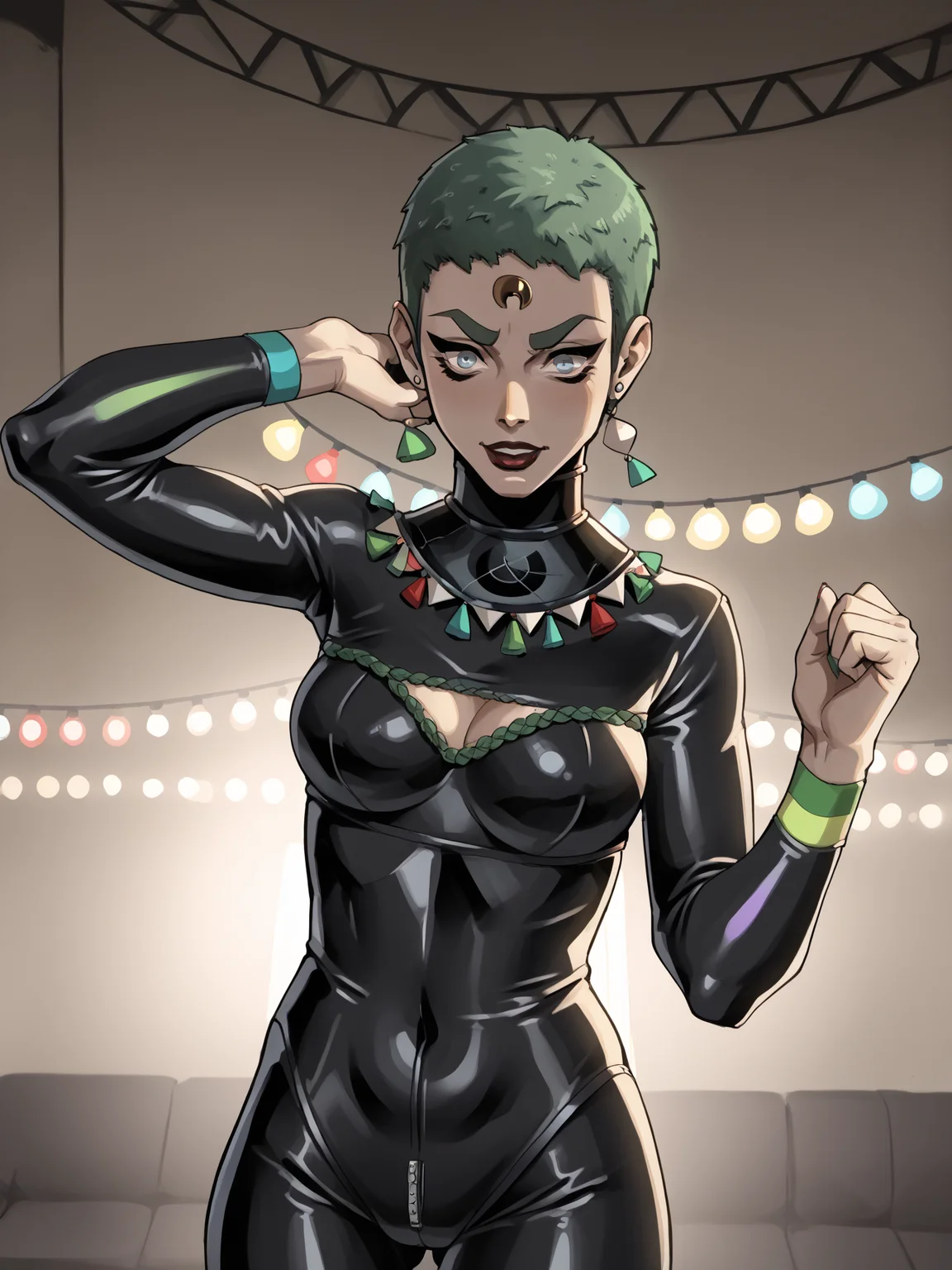 score_9, score_8_up, score_7_up, score_6_up, score_5_up , source_anime BREAK
1igrl, hades2eris ,forehead mark,<lora:erisPony:1>, short hair, green hair, black latex catsuit, collar, at a dance club, dancing, colored lights, ,
