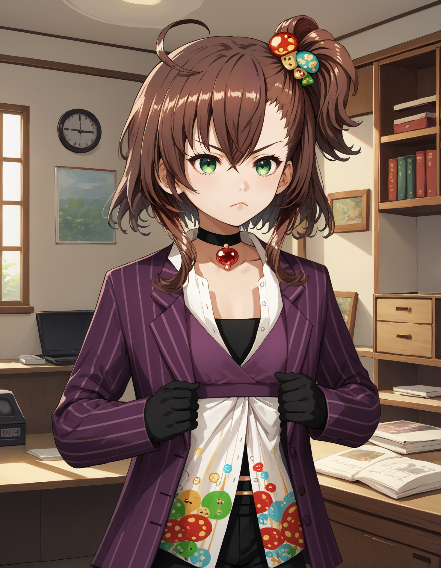 score_9, score_8_up, source_anime, 1girl, upper body, medium shot, detailed, mgrckanokoyayoi, brown hair, ahoge, side ponytail, multicolored hairclip, short hair with long locks, green eyes, black choker, red pendant, white open shirt with print, purple top, purple striped blazer, black shorts, black gloves, indoors, cabinet, hands crossed, serious, (side view:0.7), <lora:mgrckanokoyayoi_XL:0.9>