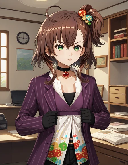 score_9, score_8_up, source_anime, 1girl, upper body, medium shot, detailed, mgrckanokoyayoi, brown hair, ahoge, side ponytail, multicolored hairclip, short hair with long locks, green eyes, black choker, red pendant, white open shirt with print, purple top, purple striped blazer, black shorts, black gloves, indoors, cabinet, hands crossed, serious, (side view:0.7), <lora:mgrckanokoyayoi_XL:0.9>