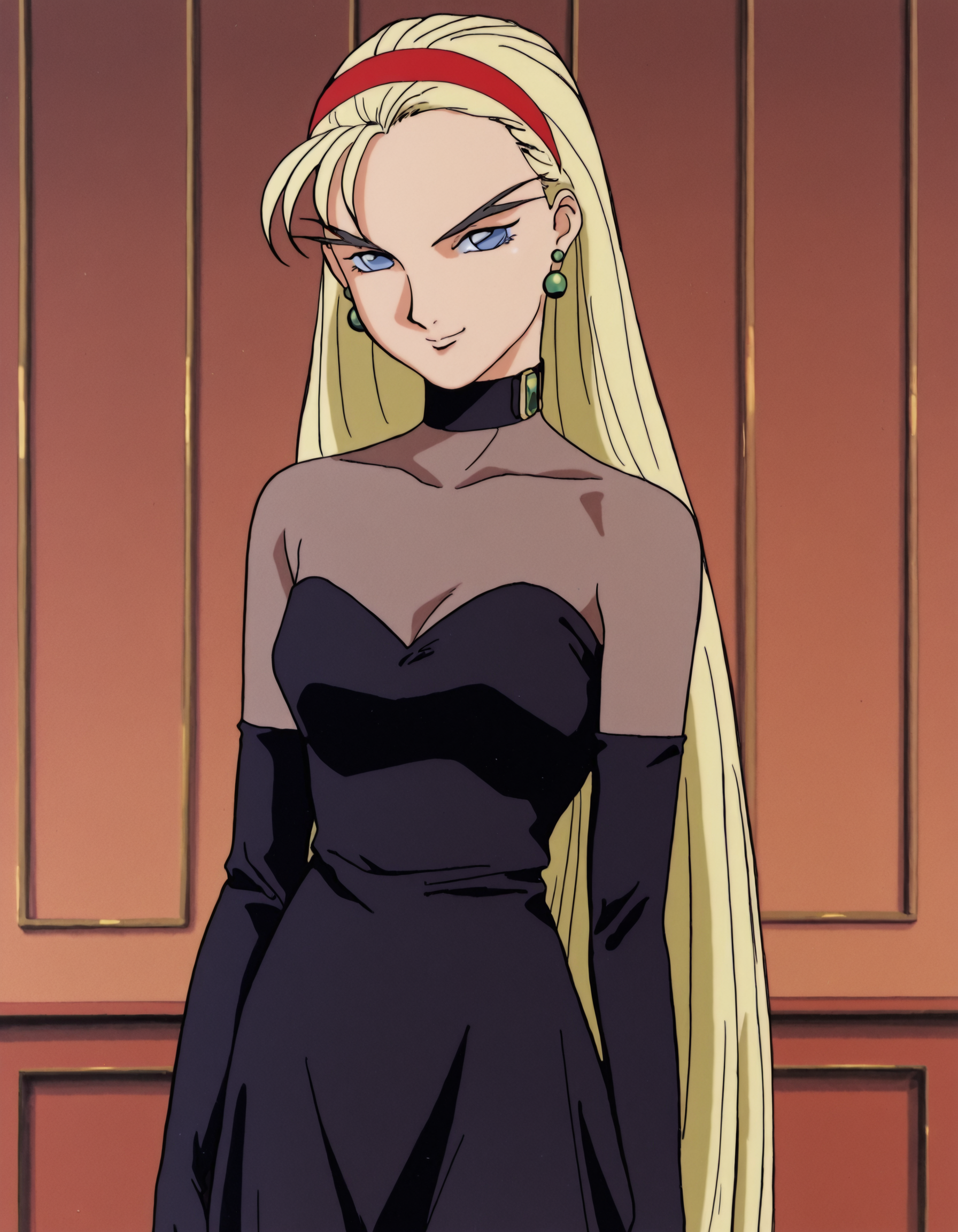 <lora:DorothyCataloniaIllustrious1.0JLFO:1> dorothycatalonia, 1girl, blonde hair, retro artstyle,  long hair, solo, hairband, earrings, jewelry, blue eyes,black dress , choker,elbow gloves, smile,  looking at viewer,  cowboy shot,, masterpiece, best quality, amazing quality, very aesthetic, absurdres