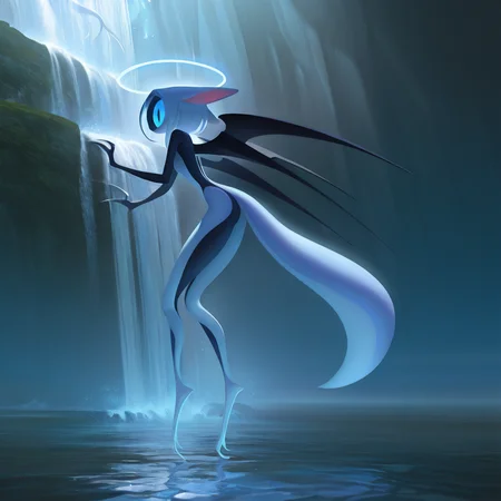 wisp, 1girl,solo,body focus,blue eyes,animal ears,tail,full body,wings,water,no humans,halo,claws,
masterpiece, best quality, amazing quality, very aesthetic, absurdres, newest,
waterfall backround,epic detailed backround (volumetric lighting),
,<lora:wisp_illustrious:1>,
