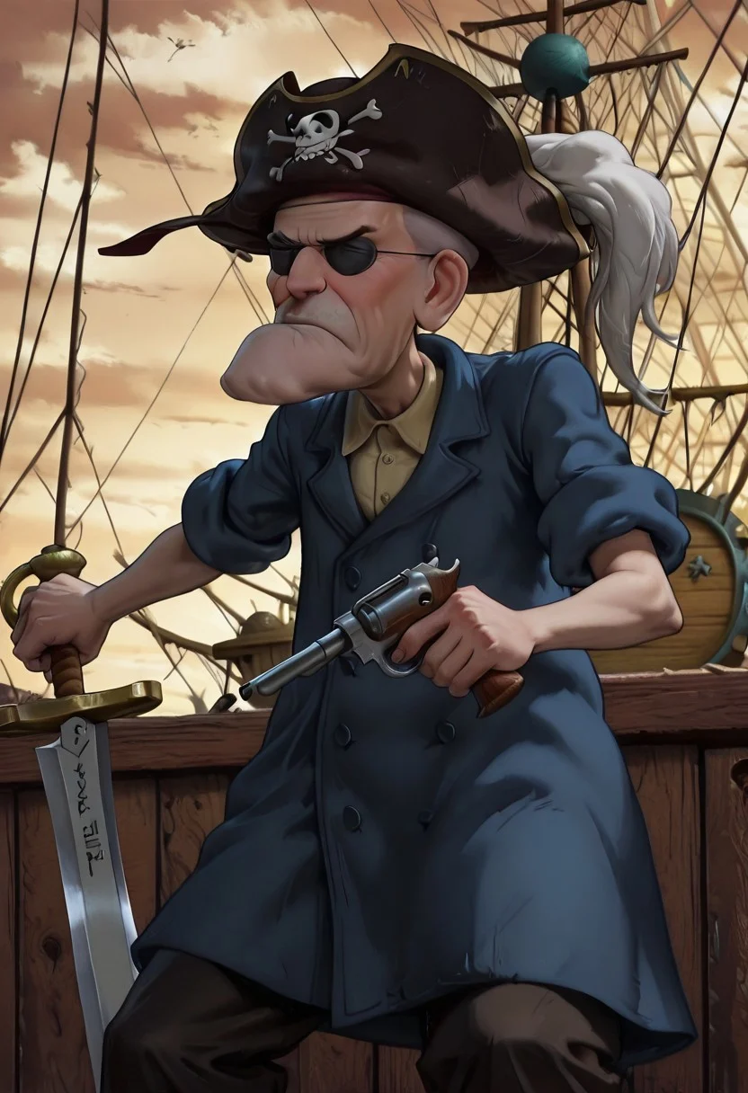 Masterpiece, best quality, highest quality, absurdres, realistic, solo, Eustace, Bagge, pirate hat, glasses, eyepatch, pirate gear, cutlass sword, flintlocke pistol, grumpy expression, pirate ship background, detailed background,