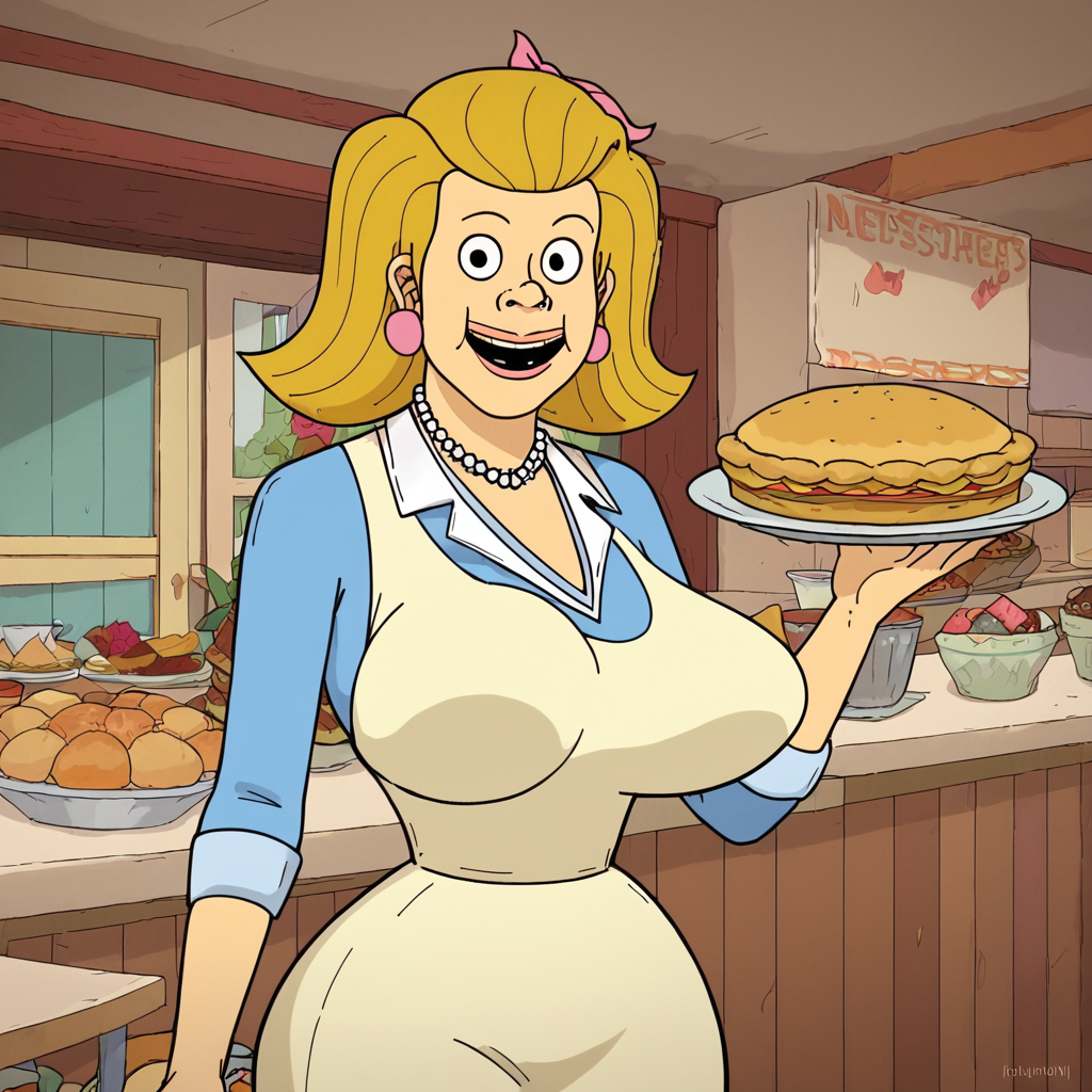 score_9, score_8_up, score_7_up, 1girl, blonde hair, medium hair, huge breasts, narrow waist, wide hips, curvy, pearl necklace, jewelry, pink bow, looking at viewer, smile, holding food, pie,  highres, high quality, masterpiece, <lora:Beverly_Goodman:1>