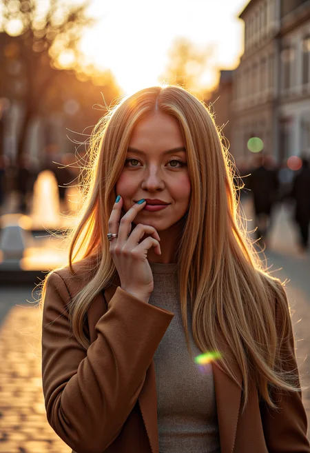 sw33ny, close-up shot, photorealism, photography of a beautiful woman, standing on a cobblestone street, sunset, lens flare, rainbow lens flare wearing casual autumn clothes, long blonde hair, asymmetrical bangs, ,reaching out, hand on own cheek, fake nails, nail polish, smiling warmly, outdoors, autumn foliage, traditional houses, fountain, vibrant colors, detailed, photorealistic,looking to the side, wind, hair flowing over, crowded, cinematic lighting,