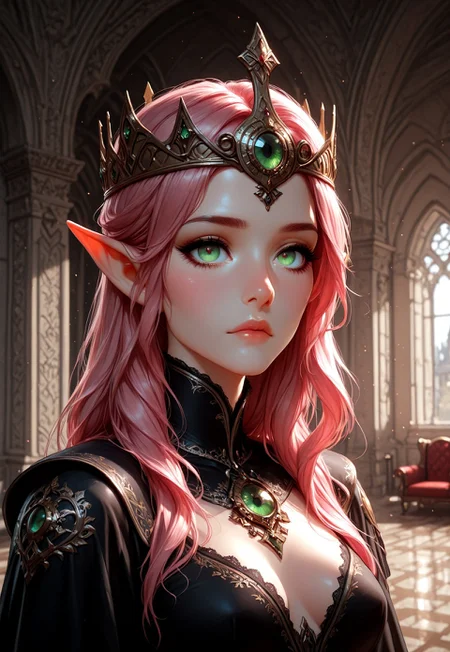 masterpiece, best quality, amazing quality, very aesthetic, female, solo, (depth of field), medieval setting, indoors, day time, palace,
elf, pink hair, green eyes, cute face, slender, small breasts,( long hair swept to one side:1.2), beautiful, kawaii, short pointy ears, hazel eyes, royal garments, dark clothing, jewelry, gunmetal crown, dark crystal
walking, looking at viewer, palace floor, palace walls,
Expressiveh, eyesHD, high gradient eyes, detailed eyes, high definition eyes, incoth, (incase:0.6), xbv2-illu
