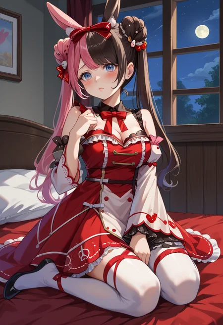 score_9, score_8_up, source_anime, 1girl, solo, HinanoDesertDress, two-tone hair, long hair, double bun, twintails, rabbit ears, hair ornament, detached collar, red bowtie, detached sleeves, multicolored dress, white dress, red dress, cleavage, wrist bow, white thighhighs, kneeling, on bed, shy, blush, night, window, bedroom, <lora:ChamTachibanaHinanoPonyXL:1>