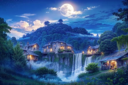 <lora:Wasteland:1>, ((market of an elven village)), forest with a waterfall and a waterfall, plants, vine, mountain,
<lora:more_details:0.8>, extremely detailed, CG, finely detail, (masterpiece, best quality):2.0, (intricate details, depth of field),
8k, HDR, ultra detailed, ((photorealistic)), professional light, cinematic lighting, fashion photography, ambient lighting, atmospheric effects,
<lora:Night scene_20230715120543:0.5>, (night):1.2, (starry star, 1moon, one moon, beautiful sky, clear sky),