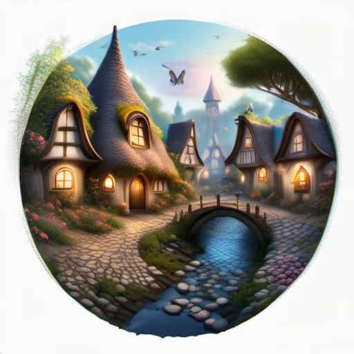 <lora:Fairy_Tale_Village:1>a beautiful fairy tale village with a cobblestone path and a small creek, some trees, and flowers, detailed, realistic, photographic