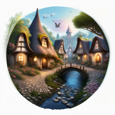 <lora:Fairy_Tale_Village:1>a beautiful fairy tale village with a cobblestone path and a small creek, some trees, and flowers, detailed, realistic, photographic
