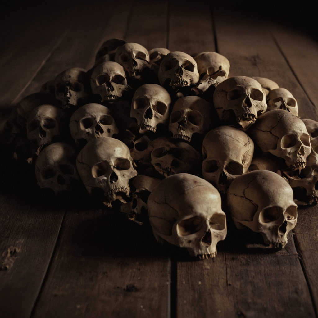 cinematic film still of  <lora:Ron Fricke style:1>
a pile of skulls sitting on top of a wooden floor,no humans,skull , realistic, realism, movie still, film grain, kodak film, film contrast, film color, cinematography, documentary, photography, 70 mm film, 65 mm film, Todd-AO, Todd-AO 35, 8K resolution, Ron Fricke film director style, Ron Fricke film directing style, Ron Fricke style, shallow depth of field, vignette, highly detailed, high budget, bokeh, cinemascope, moody, epic, gorgeous, film grain, grainy
