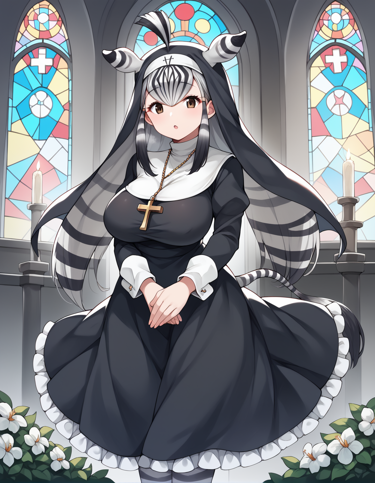score_9, score_8_up, score_7_up, score_6_up, score_5_up, score_4_up, source_anime, BREAK <lora:chapmansZebraXL_LoRA-C3Lier_AdamW_Dim16_Alpha16_UN-3e-4_TE-1.5e-4_10batch_ponyDiffusionV6XL_v6StartWithThisOne:1>, chapman's zebra \(kemono friends\), animal ears, 1girl, two-tone hair, long hair, large breasts, tail, nun, veil, frills, frilled skirt, long skirt,striped pantyhose, church, flower, stained glass