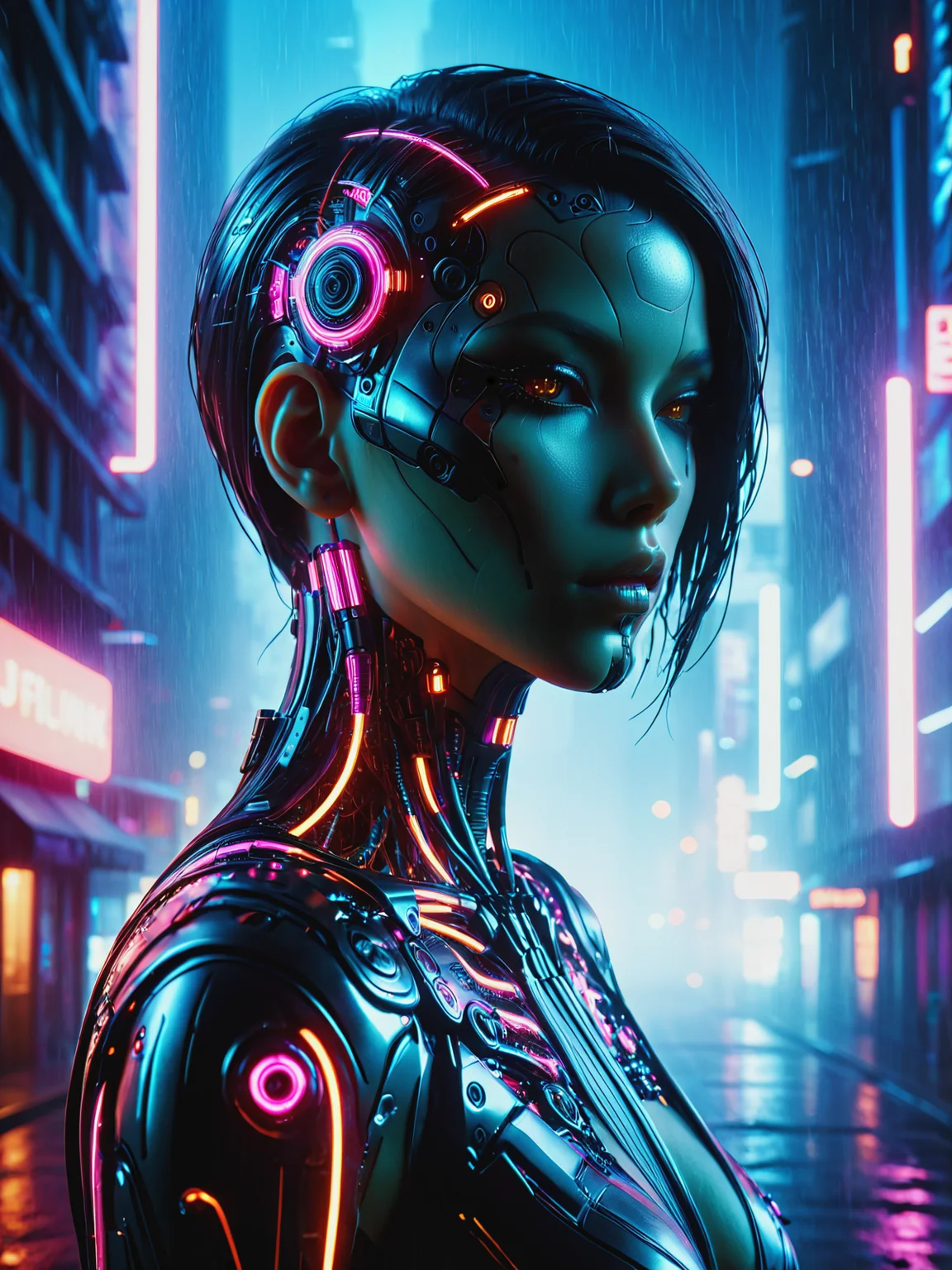 mad-cbrbdy woman , surreal digital cityscape, haze, steam, rain, neon light, cyberpunk, classic headshot pose <lora:Neon_Cyberpunk_Cyberbody_v2_SDXL:0.8>, raw photo, film grain, Fujifilm XT3, (photorealistic, realistic:1.2), deep shadow, 8k, uhd, dslr, ultra high res