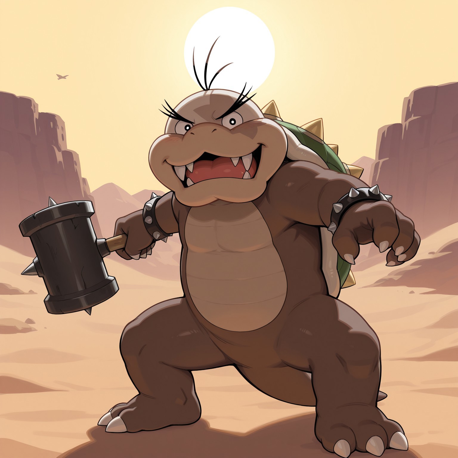 Mortonjr, 2d, solo, 1boy, male, fangs, shelled, black spiked shell, tail, spiked bracelets, hair strands, black eyebrows, scalie, brown skin, white head, fangs, sharp teeth, fangs, claws, toe claws, black pupils, 3 toes, black hairs 

BREAK holding big hammer, grinning, fighting stance, outside, desert, sand, mountains in distance, sun, looking at viewer

BREAK best quality, amazing quality, very aesthetic, absurdres, newest, highres, detailed background 
